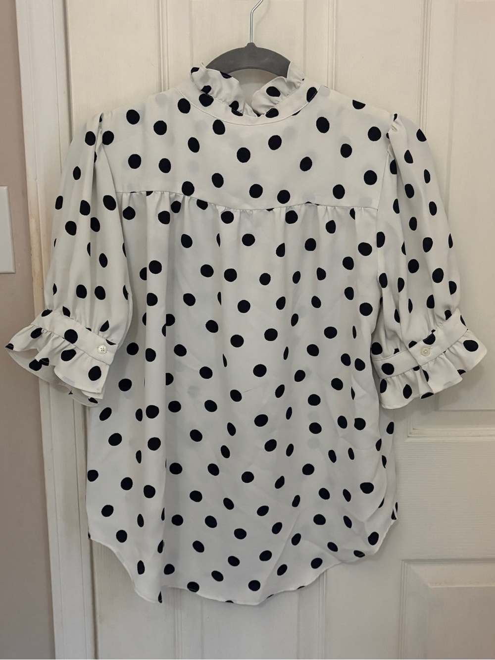 Ann Taylor Polka Dotted Stand Up Collar Ruffle Sleeve Top - Picture 9 of 10